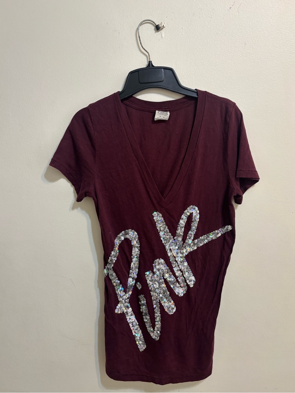 Victoria's Secret Burgundy V-Neck Tee with Iridescent Sequin Script Accent